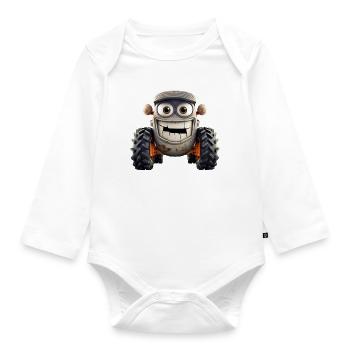 Tractor with funny face - Organic Longsleeve Baby Bodysuit - white - Front