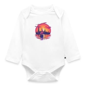 Synthwave sailing ship sunset Dream - Baby Bio-Langarm-Body - Weiß - Vorne