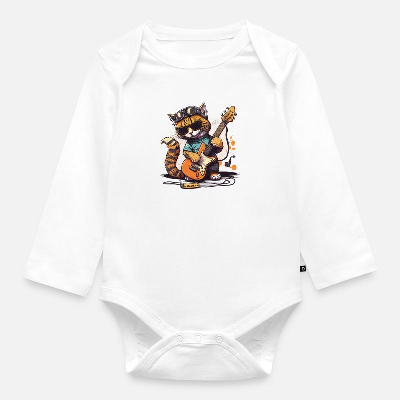 Chat guitare - Body Bébé bio manches longues - blanc