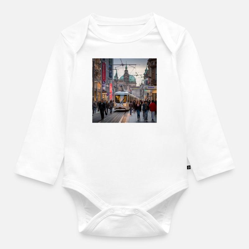 Straße mit Straßenbahn - Baby Bio-Langarm-Body - Weiß