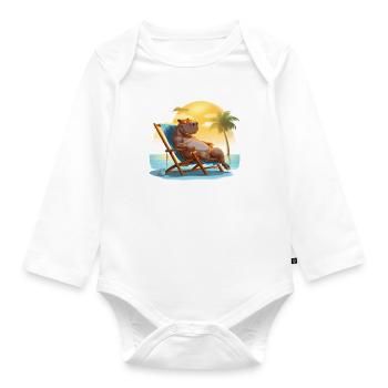 sunbathing hippo on the beach in a deck chair - Organic Longsleeve Baby Bodysuit - white - Front