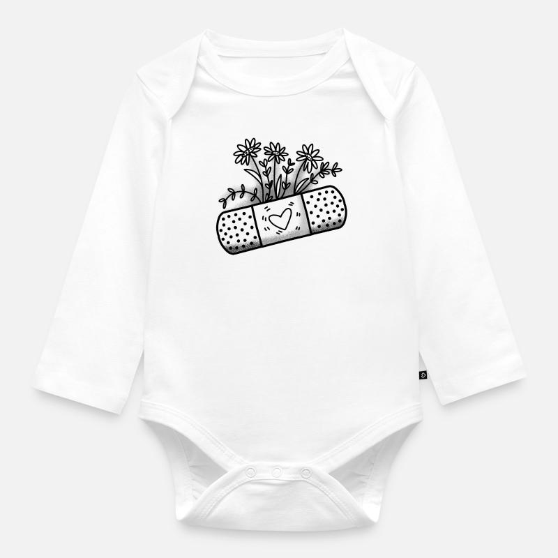 Pansement de pansement avec des fleurs - Body Bébé bio manches longues - blanc