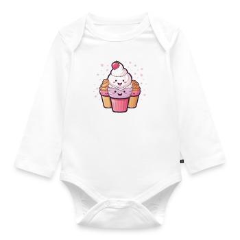 Cartoon Ice Cream - Sweet Ice Cream with Face - Organic Longsleeve Baby Bodysuit - white - Front