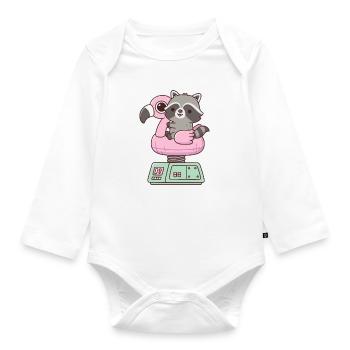 Cute Raccoon On Flamingo Pool Float Ride Machine - Organic Longsleeve Baby Bodysuit - white - Front