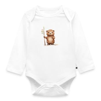 Niedliche Biber-Clipart mit Stock - Baby Bio-Langarm-Body - Weiß - Vorne