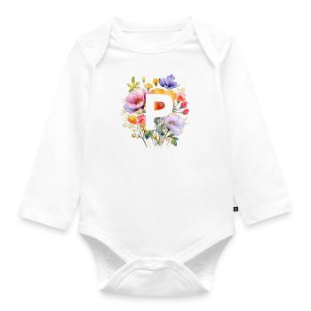 P Monogramm , bunter Blumenstrauss - Baby Bio-Langarm-Body - Weiß - Vorne