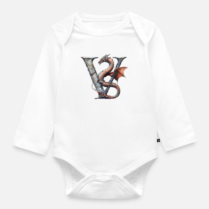 Buchstabe "V" im Drachendesign. - Baby Bio-Langarm-Body - Weiß