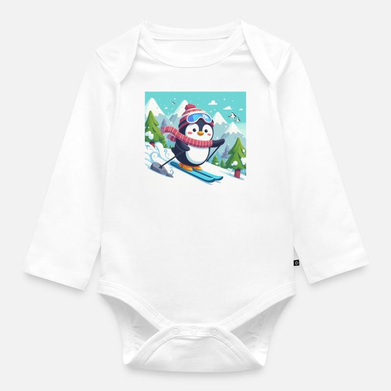 pingouin de ski - Body Bébé bio manches longues - blanc