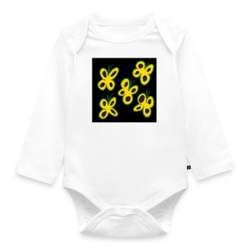 Yellow butterflies on black background - Organic Longsleeve Baby Bodysuit - white - Front