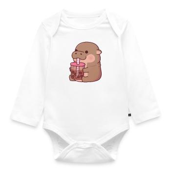 Süßes Baby-Nilpferd, das Boba-Tee trinkt - Baby Bio-Langarm-Body - Weiß - Vorne