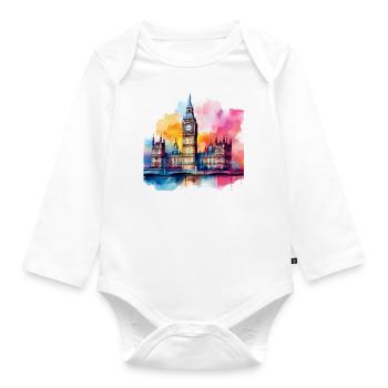 Big Ben Watercolour Splash Art - Organic Longsleeve Baby Bodysuit - white - Front