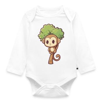Monkey Sitting on Tree - Kawaii Monkey - Organic Longsleeve Baby Bodysuit - white - Front