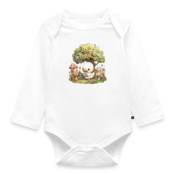 Kawaii Duck Reading Under Tree Mushrooms - Organic Longsleeve Baby Bodysuit - white - Front