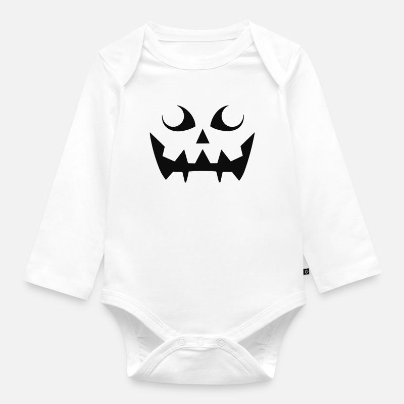Grim Pumpkin Face Pattern - Organic Longsleeve Baby Bodysuit - white
