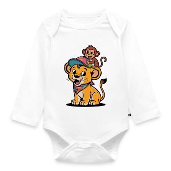 Cute Lion and Monkey – Best Friends - Organic Longsleeve Baby Bodysuit - white - Front
