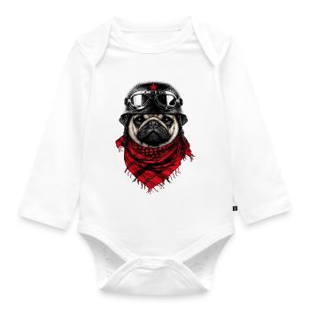 Kämpferischer Mops im Pilotenlook - Baby Bio-Langarm-Body - Weiß - Vorne