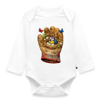 Nest in Glove with Bird and Flowers - Organic Longsleeve Baby Bodysuit - white - Front