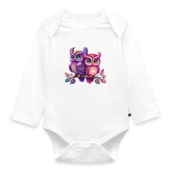 Hiboux colorés Frères et sœurs Animal Oiseau Hibou Aigle Chouette Nuit - Body Bébé bio manches longues - blanc - Devant