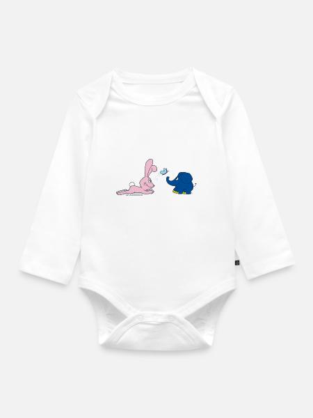 Elefant und Hase mit Schmetterling - Baby Bio-Langarm-Body - Weiß
