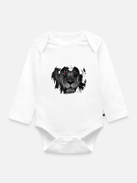Löwe in schwarz weiß mit leuchtend roten Augen. - Baby Bio-Langarm-Body - Weiß