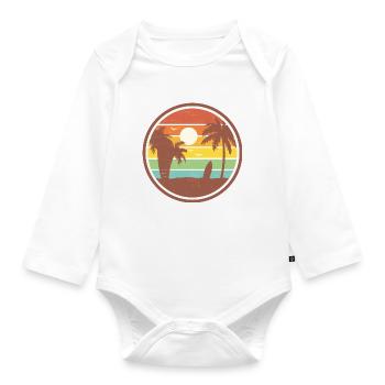 Strandlandschaft mit Palmen und einem Surfbrett - Baby Bio-Langarm-Body - Weiß - Vorne