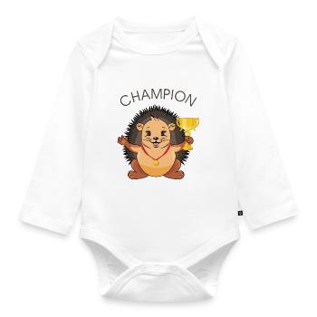 Cute hedgehog with a medal and a champion goblet - Organic Longsleeve Baby Bodysuit - white - Front