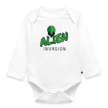 ALIEN Invasion - GREEN - Organic Longsleeve Baby Bodysuit - white - Front