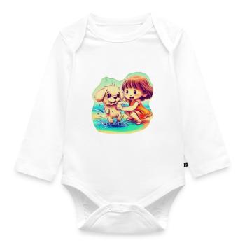 Hundewelpe und Mädchen spielen im Wasser am Strand - Baby Bio-Langarm-Body - Weiß - Vorne