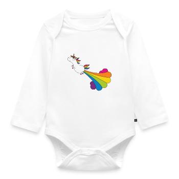 Funny pupping unicorn with rainbow cloud - Organic Longsleeve Baby Bodysuit - white - Front