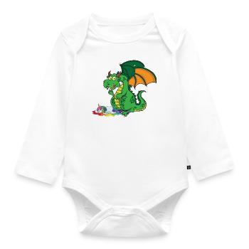 Lustiger Drache frisst Einhorn - Baby Bio-Langarm-Body - Weiß - Vorne