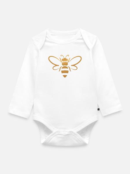 bee in gold || Biene - Baby Bio-Langarm-Body - Weiß