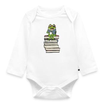Frog Reading Books Literature Coffee - Organic Longsleeve Baby Bodysuit - white - Front