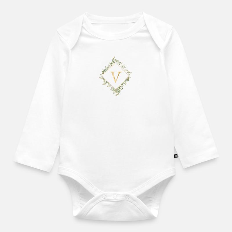 V monogramme Couronne d’Eucalyptus - Body Bébé bio manches longues - blanc