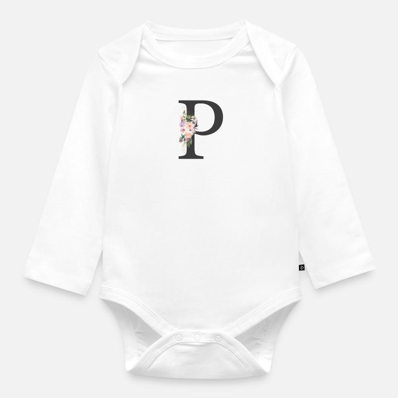 Lettre P, Monogramme, Fleurs - Body Bébé bio manches longues - blanc