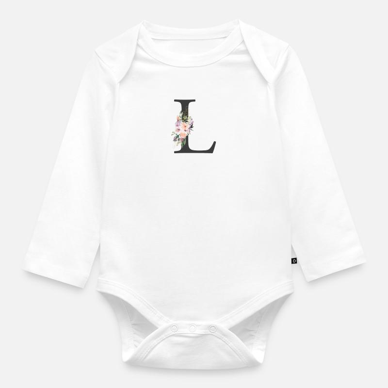 Buchstabe L, Monogramm, Blumen - Baby Bio-Langarm-Body - Weiß