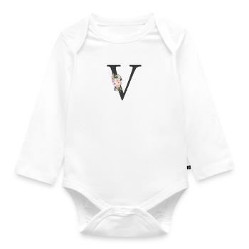 Buchstabe V, Monogramm, Blumen - Baby Bio-Langarm-Body - Weiß - Vorne