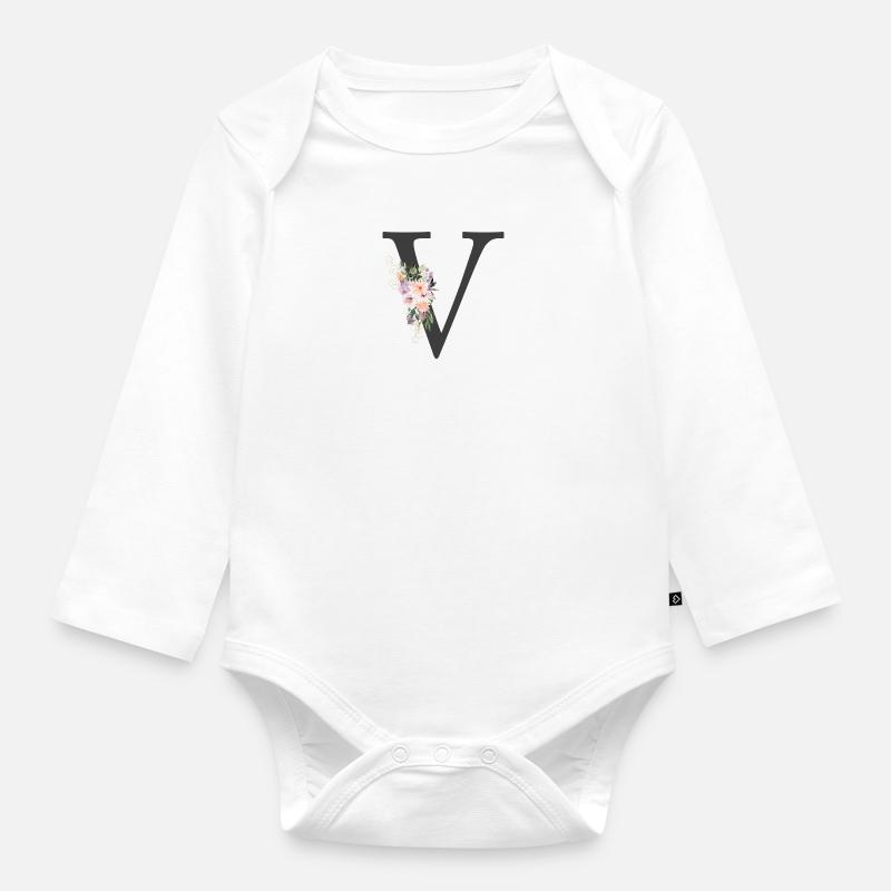 Buchstabe V, Monogramm, Blumen - Baby Bio-Langarm-Body - Weiß