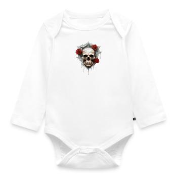 Dunkle Gothic Totenkopf Rosen Blumenkunst Grafik Mode - Baby Bio-Langarm-Body - Weiß - Vorne