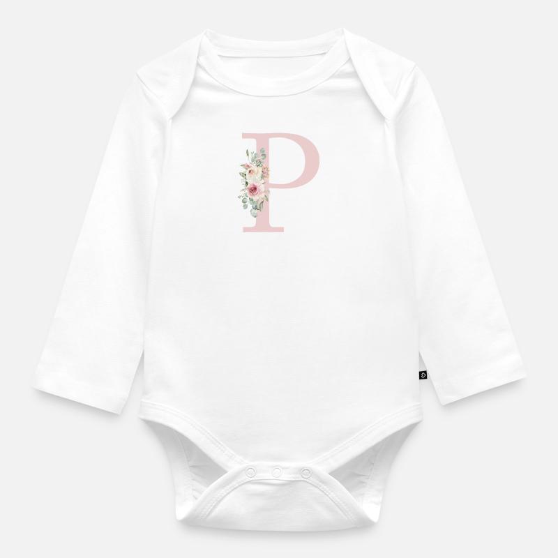 P| Monogramm | Eukalyptus-Pastell-Blumen-Blau - Baby Bio-Langarm-Body - Weiß