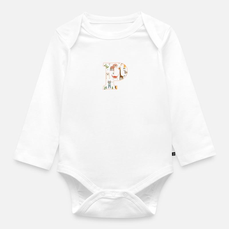 Buchstabe P, Monogramm, Tiermuster - Baby Bio-Langarm-Body - Weiß