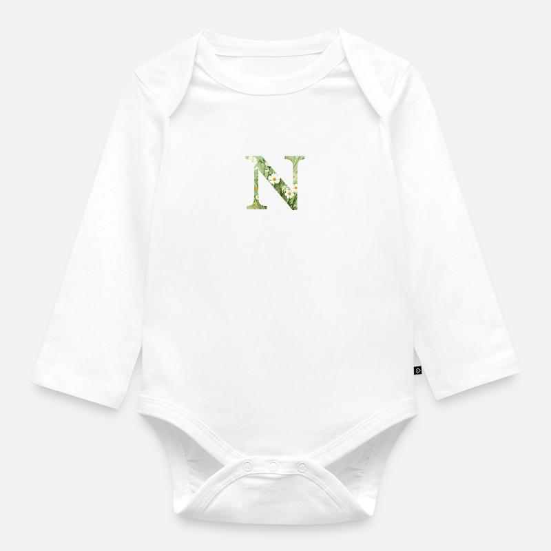 Buchstabe N, Monogramm, Blumenmuster - Baby Bio-Langarm-Body - Weiß