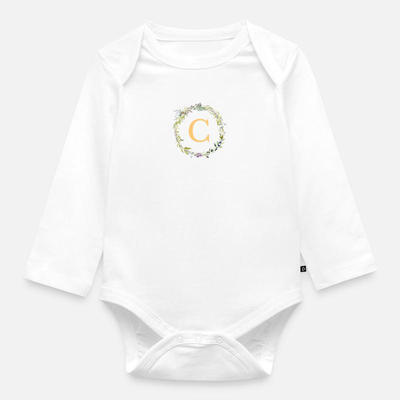 C Monogramm Eukalyptus-Kranz - Baby Bio-Langarm-Body - Weiß