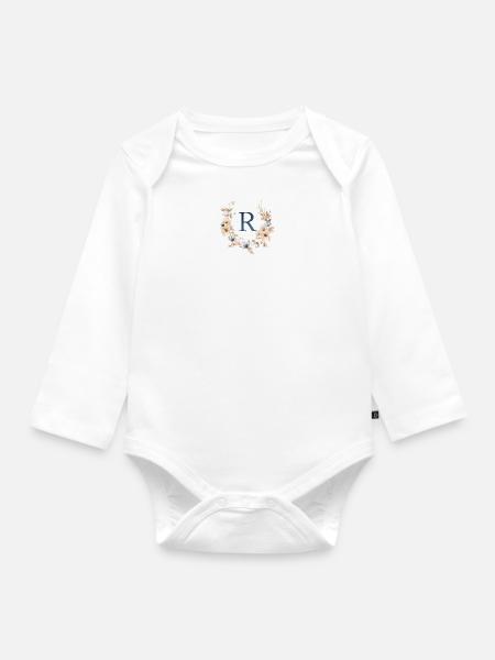 R Monogramm , Floral, Boho - Baby Bio-Langarm-Body - Weiß