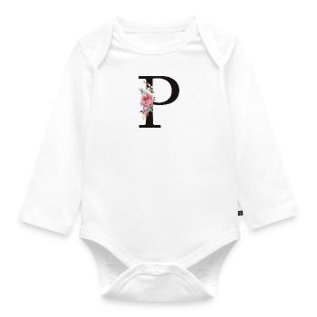 Monogramme personnalisable P Floral Rose Blanc - Body Bébé bio manches longues - blanc - Devant