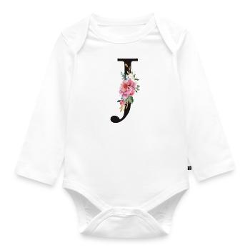 Customizable Monogram J Floral Pink White - Organic Longsleeve Baby Bodysuit - white - Front