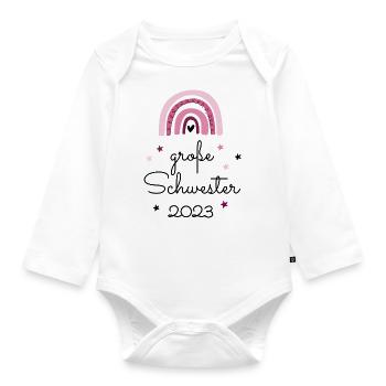 Große Schwester 2023 Regenbogen / Big Sister - Baby Bio-Langarm-Body - Weiß - Vorne