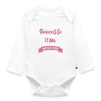 Une princesse a 12 ans, Cadeau d’anniversaire - Body Bébé bio manches longues - blanc - Devant