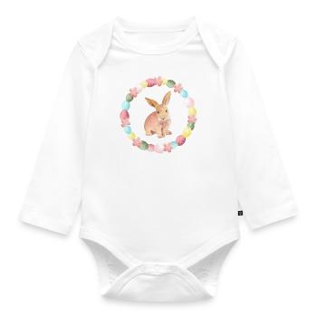 Cute rabbit with wreath of flowers + Easter eggs - Organic Longsleeve Baby Bodysuit - white - Front