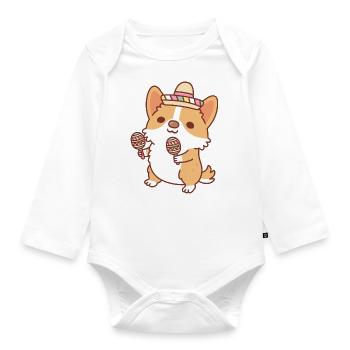 Chiot Corgi mignon avec fiesta maracas - Body Bébé bio manches longues - blanc - Devant