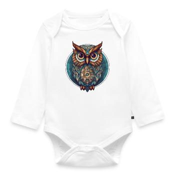 Eule mit Kreis türkis, süß; Cartoon Style, Boho - Baby Bio-Langarm-Body - Weiß - Vorne